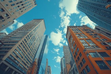 Fototapeta premium Bright Sunlit Street Elevated View of Modern Skyscrapers