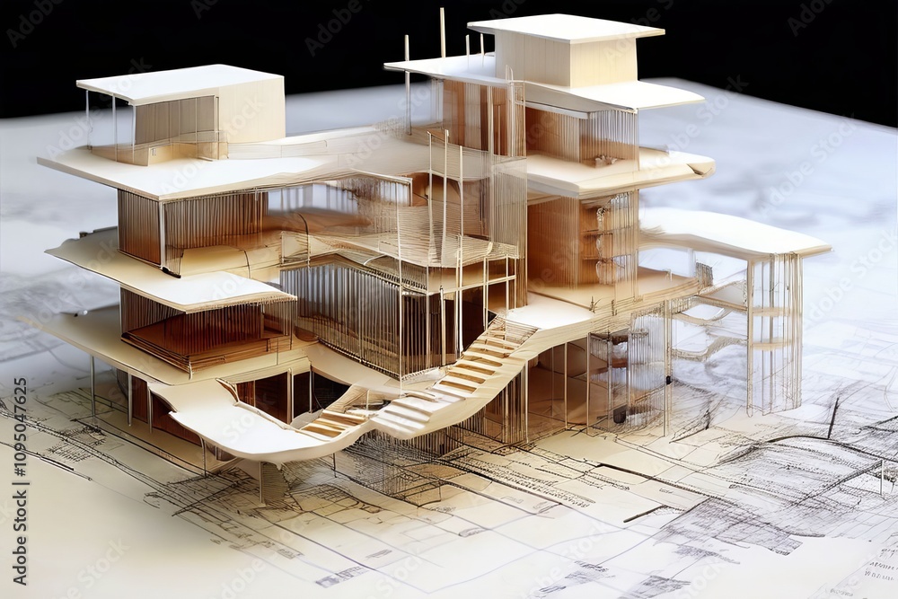 Poster architectural blueprints unfolding into d structures