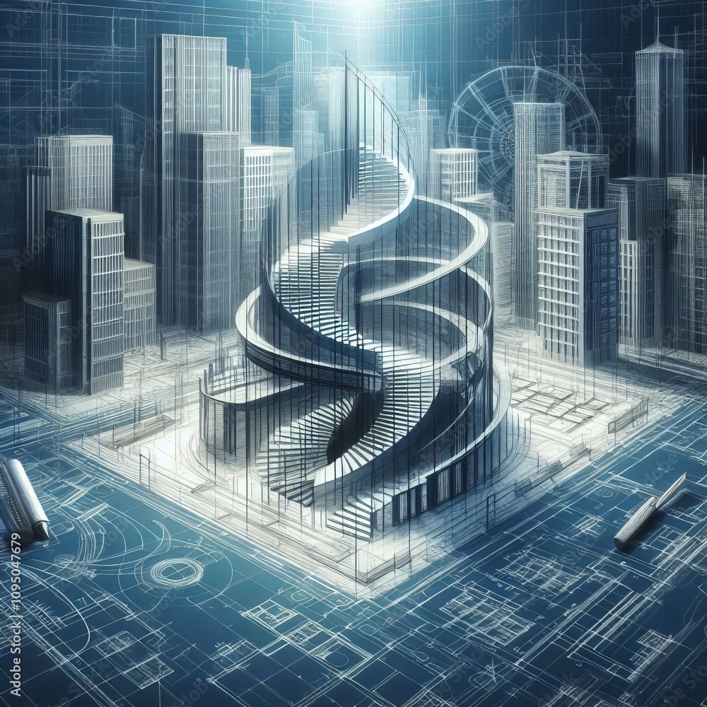 Poster architectural blueprints unfolding into d structures
