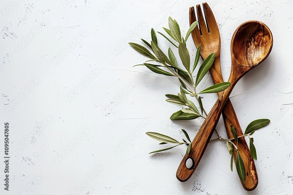 Poster an olive tree branch a rustic wooden fork and spoon and a studio-clean white background are shown in