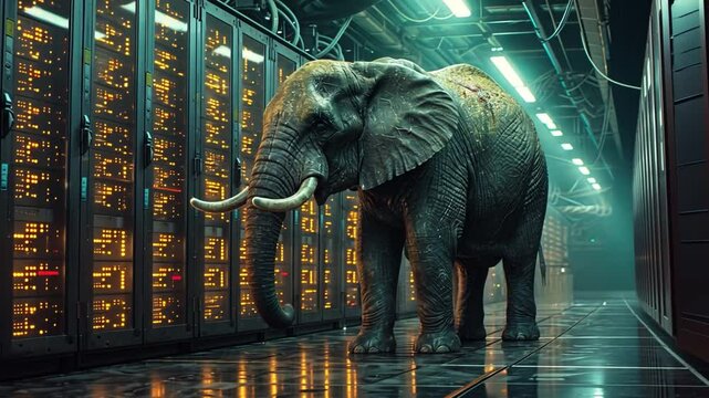 An elephant wanders a high-tech data center, surrounded by glowing servers, showcasing a surreal blend of nature and technology.