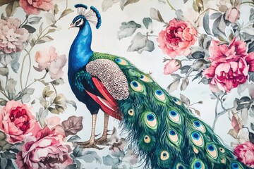 A colorful peacock perches on a vibrant floral wallpaper, perfect for decorative purposes or as a unique design element