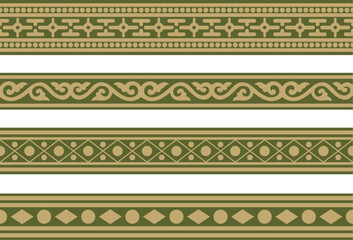 Vector endless golden with green ancient Russian ornament. Seamless Slavic border, frame. Painting of the royal chambers