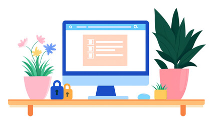 serene workspace with computer showing secure registration page, surrounded by plants and locks