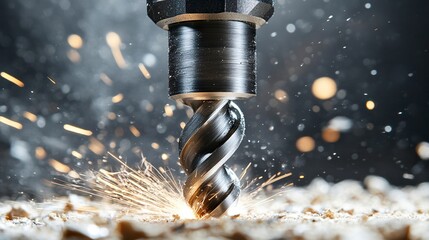 sparks flying under bright lighting for a high energy. Closeup of a drill bit penetrating into metal or wood.
