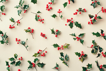 Scattered holly sprigs and berries creating natural pattern.
