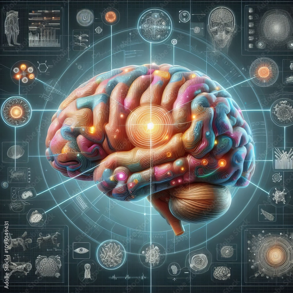Poster brain highlighting the visual cortex when processing visual stim
