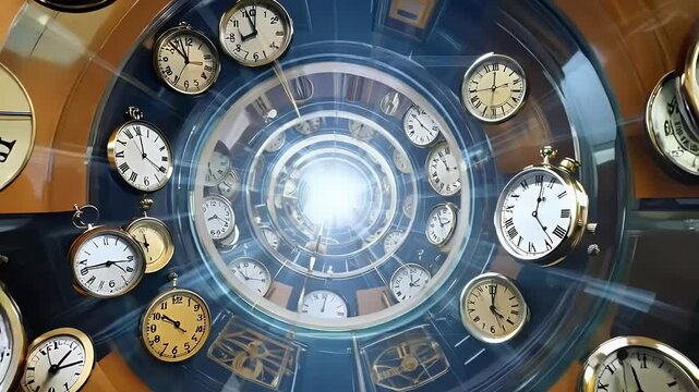 Abstract spiral of clocks symbolizing time travel and the passage of time.
