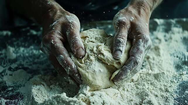 A close-up of hands kneading dough with precision, the textures of the dough and flour highlighted by soft, moody lighting to evoke the warmth and care of traditional baking. --ar 16:9