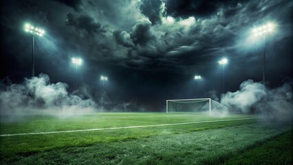 Naklejka premium Minimalist Smoke on Dark Ground with Green Background at a Soccer Stadium - A Toxic Foggy Night Scene with Grass and Mist Creating an Unsettling Atmosphere for Sports Photography