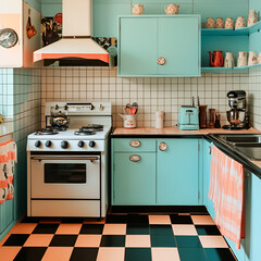 Culinary inspiration in a retro kitchen urban home interior design colorful space wide angle vintage aesthetic