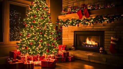 Cozy Christmas Scenes: Decorated Tree, Warm Fireplace, and Festive Lantern in Snow