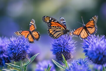Obraz premium Monarch Butterflies on Purple Globe Thistle Flowers in Nature