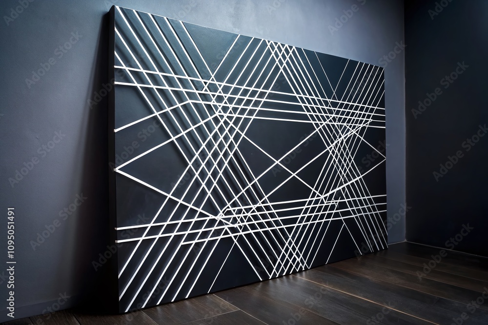 Poster modern abstract painting with intersecting white lines on black canvas for creative digital and prin