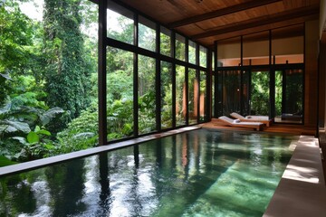 Fototapeta premium A serene indoor pool surrounded by lush greenery and large windows, promoting relaxation.