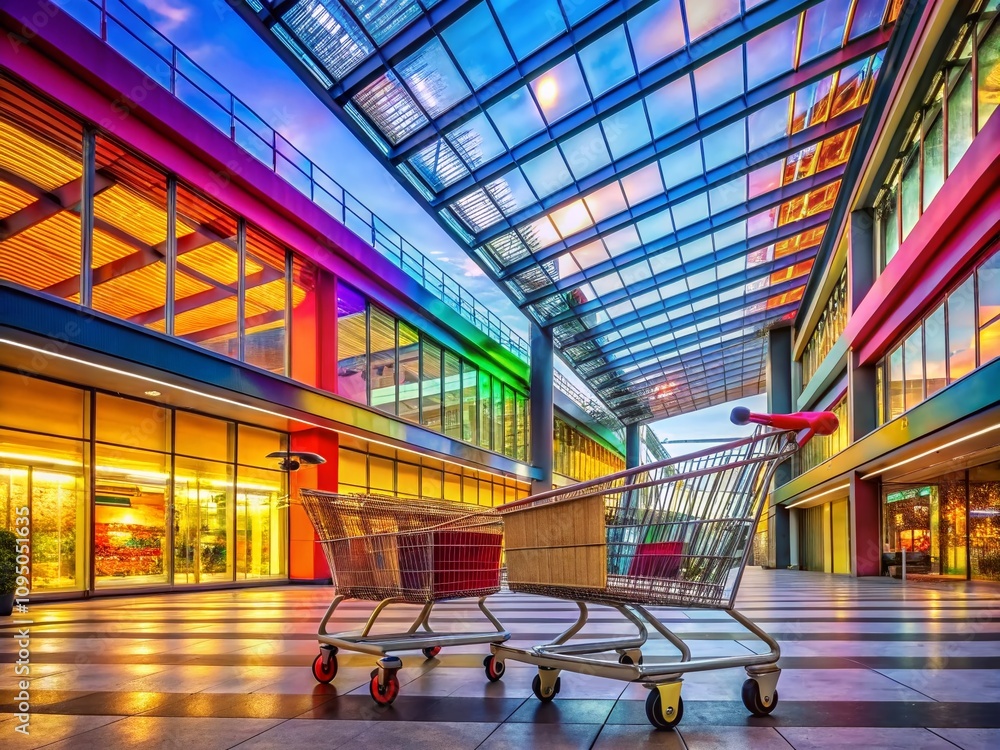 Poster modern architectural design featuring shopping carts in a vibrant urban environment with dynamic lig
