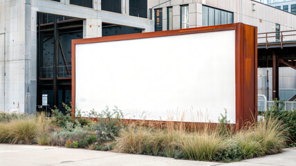 Obraz premium Large blank billboard mock-up with a rusted metal frame on street outdoor, surrounded by greenery, set against an industrial-style building background. Advertising and branding concept. 