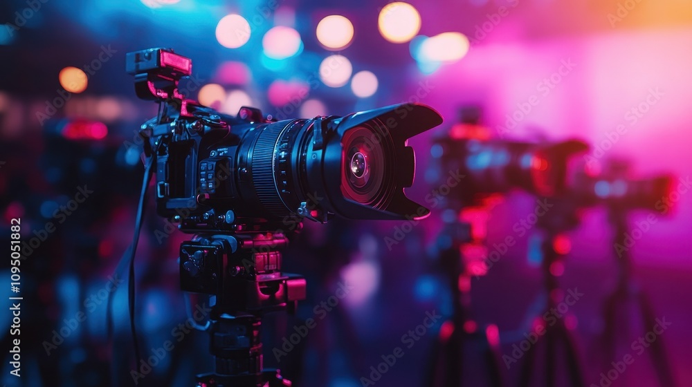 Aufkleber a close-up of a camera on a tripod with colorful bokeh lights in the background.