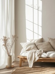 Sunlit Minimalist Bedroom with Wooden Daybed and Neutral Decor