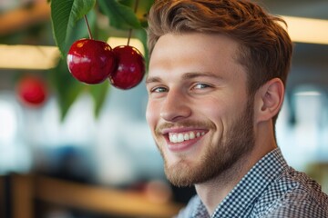 A happy man with a cherry in his hand