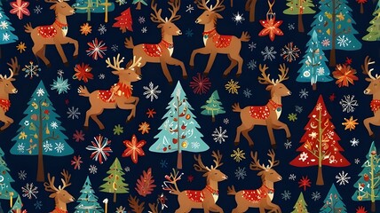 A whimsical Christmas-themed pattern filled with playful reindeer, decorated Christmas trees, colorful gifts, and sparkling snowflakes, all harmoniously arranged on a deep blue backdrop.