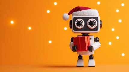 Naklejka premium A cheerful robot wearing a Santa hat holds a red gift, set against a vibrant orange background adorned with soft glowing lights.