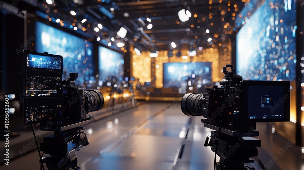 Poster a modern studio setup with cameras and screens for a professional broadcast or recording.