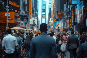 Obraz premium Businessman Walking Through Bustling Crowd, Blurred City Background