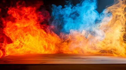 Fototapeta premium Dynamic contrast of red and blue flames with smoky textures