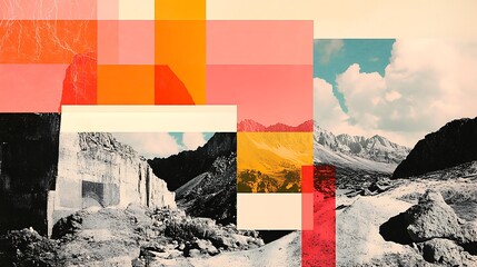 Abstract collage of mountains and vibrant geometric shapes.