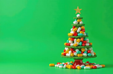 Christmas tree created from medicine colorful pills set on wooden table on green background with color bokeh. Christmas greeting card. Copy space. 