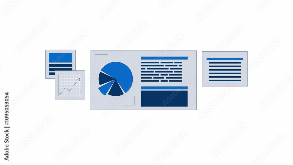 Poster business data presentation slides 2d objects animation. information analytics process cartoon 4k vid