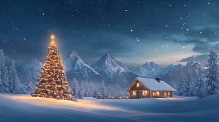 Fototapeta premium Cozy Christmas Scenes: Decorated Tree, Warm Fireplace, and Festive Lantern in Snow