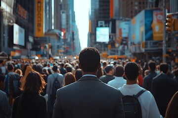 Busy City Street Back View of Man in Suit, Blurred Background