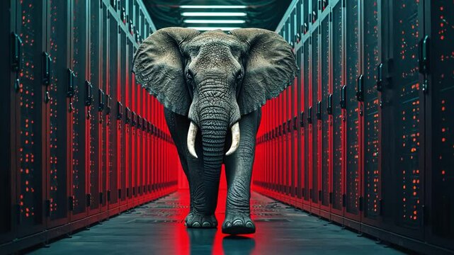 An elephant confidently walks through a corridor of glowing red server racks, blending the unexpected worlds of nature and technology.