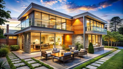 Obraz premium Modern House Plan Design with Open Concept Living Space, Eco-Friendly Features, and Large Windows for Natural Light in a Contemporary Setting