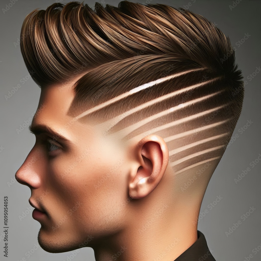 Poster sharp precise lines carved into a short undercut creating geomet