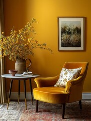 Yellow Room Interior Design With Velvet Chair And Flowers