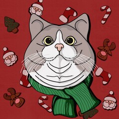 illustration of a cat's head wearing a green scarf with a red background and lots of Christmas ornaments