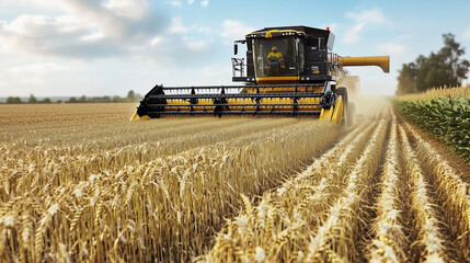 Obraz premium Modern Combine Harvester in a Golden Wheat Field