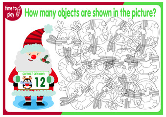 Count how many objects are hidden in the picture. Educational game for children. Colorful cartoon characters. Funny vector illustration. New Year. Christmas	
