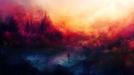 Fototapeta premium Surreal landscape painting, fiery sunset, lone figure.