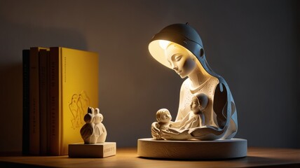 Illuminated Madonna and Child sculpture with books.