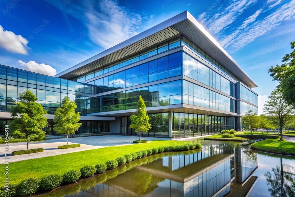 Poster modern minimalist architecture of a technology headquarters with clean lines and open spaces, surrou