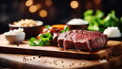 Delicious beef on the wooden board. 