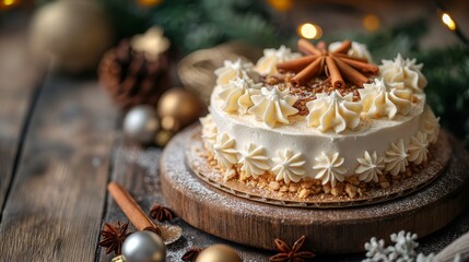 Festive Christmas cake surrounded by holiday decorations for a joyous New year celebration banner