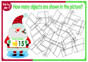 Count how many objects are hidden in the picture. Educational game for children. Colorful cartoon characters. Funny vector illustration. New Year. Christmas	
