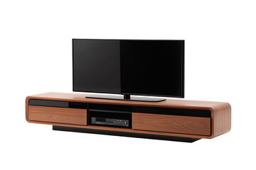 A wooden entertainment center with a black flat screen television on top. on transparent background.