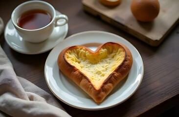 Beautiful heart-shaped dish with cream filling, next to it a cup of tea and eggs on a wooden table. Ideal for breakfast, romantic treat. Valentine's Day holiday concept.
