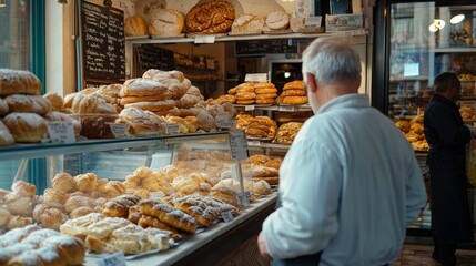A Customer Looks at Freshly Baked Bread and Pastries in a Bakery Display Case